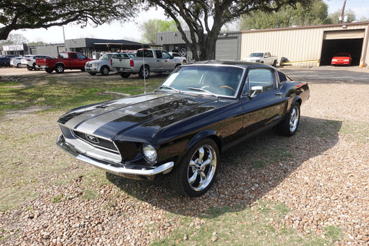 1968 Mustang Fastback Black with Silver Shelby Stripes, 3/4 angle shot from drive side