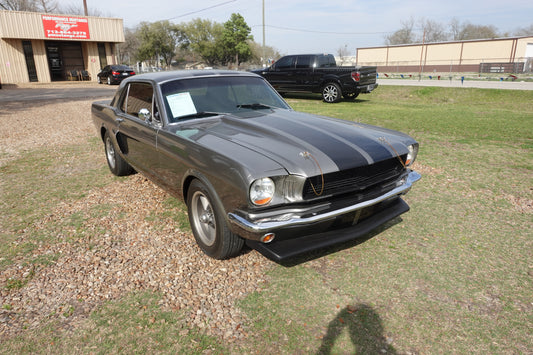 1966 Mustang Coupe Pepper Grey with Black Shelby Stripes 5.0 foxbody engine 3/4 angle shot from passenger side