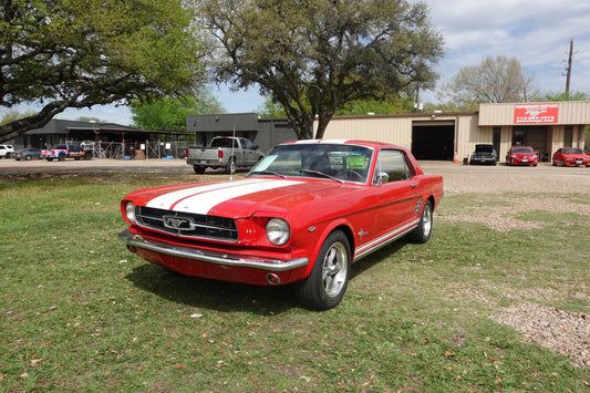 1966 Mustang Coupe Red with White Shelby Stripes 3/4 angle photo.